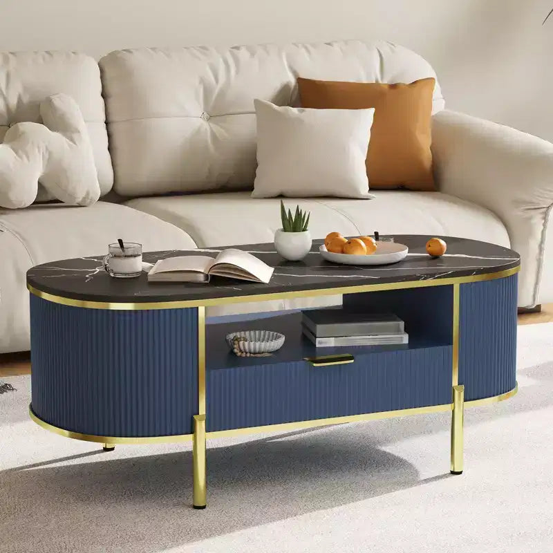 Table basse ovale de 48 po avec rangement, plateau en faux marbre et pieds en métal doré, table centrale en bois entièrement assemblée pour salon ou bureau