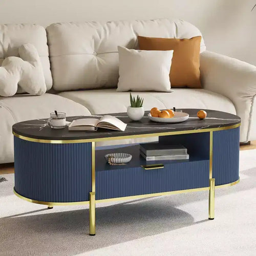 Table basse ovale de 48 po avec rangement, plateau en faux marbre et pieds en métal doré, table centrale en bois entièrement assemblée pour salon ou bureau