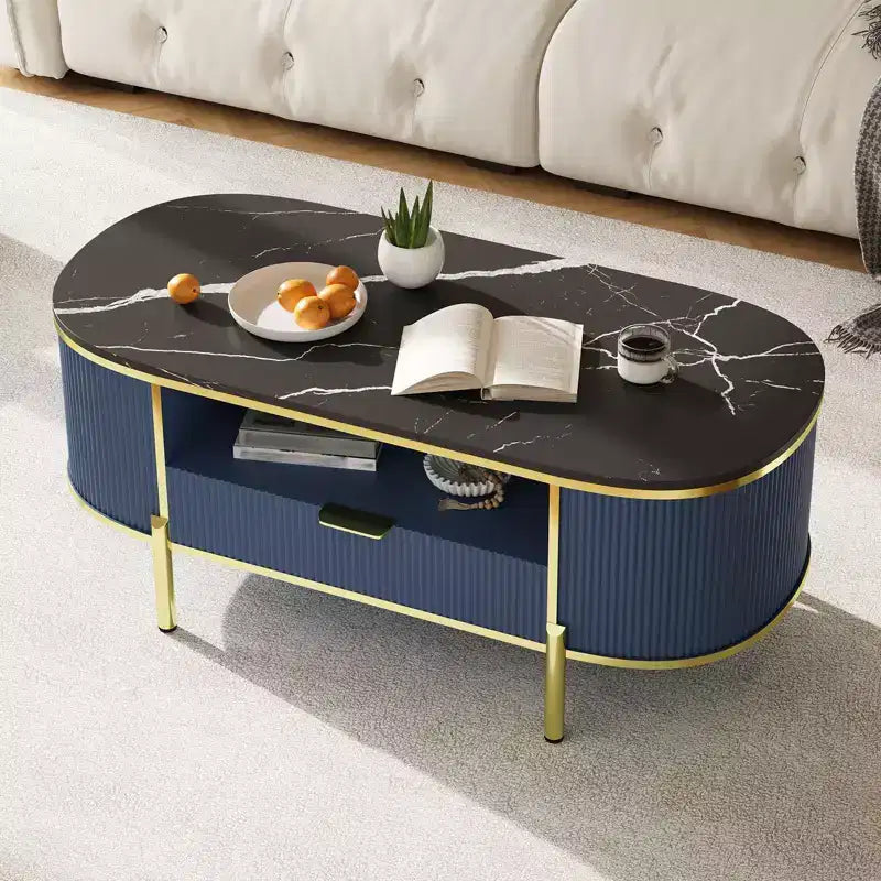 Table basse ovale de 48 po avec rangement, plateau en faux marbre et pieds en métal doré, table centrale en bois entièrement assemblée pour salon ou bureau