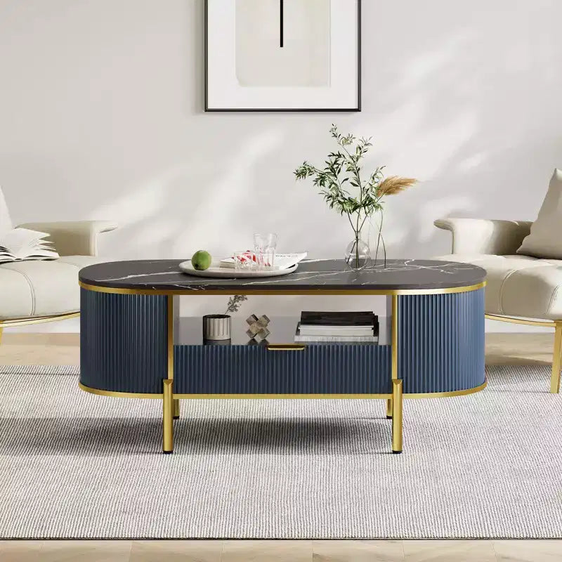 Table basse ovale de 48 po avec rangement, plateau en faux marbre et pieds en métal doré, table centrale en bois entièrement assemblée pour salon ou bureau
