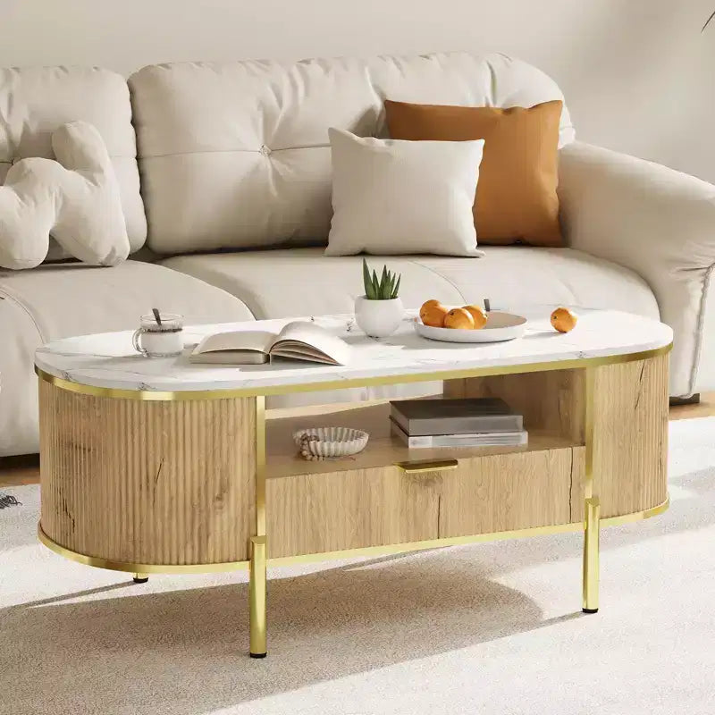 Table basse ovale de 48 po avec rangement, plateau en faux marbre et pieds en métal doré, table centrale en bois entièrement assemblée pour salon ou bureau