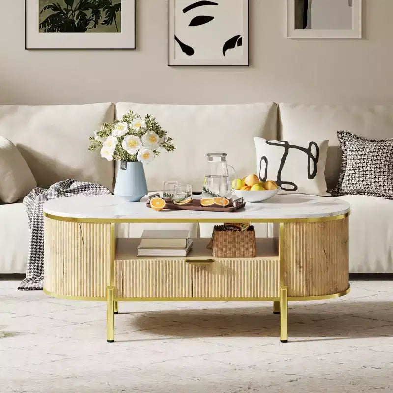 Table basse ovale de 48 po avec rangement, plateau en faux marbre et pieds en métal doré, table centrale en bois entièrement assemblée pour salon ou bureau