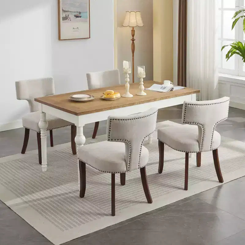 TUYOHW Lot de 2 chaises de salle à manger de ferme, chaises d'appoint modernes du milieu du siècle en tissu de lin doux avec pieds en bois massif, garniture cloutée pour la décoration intérieure