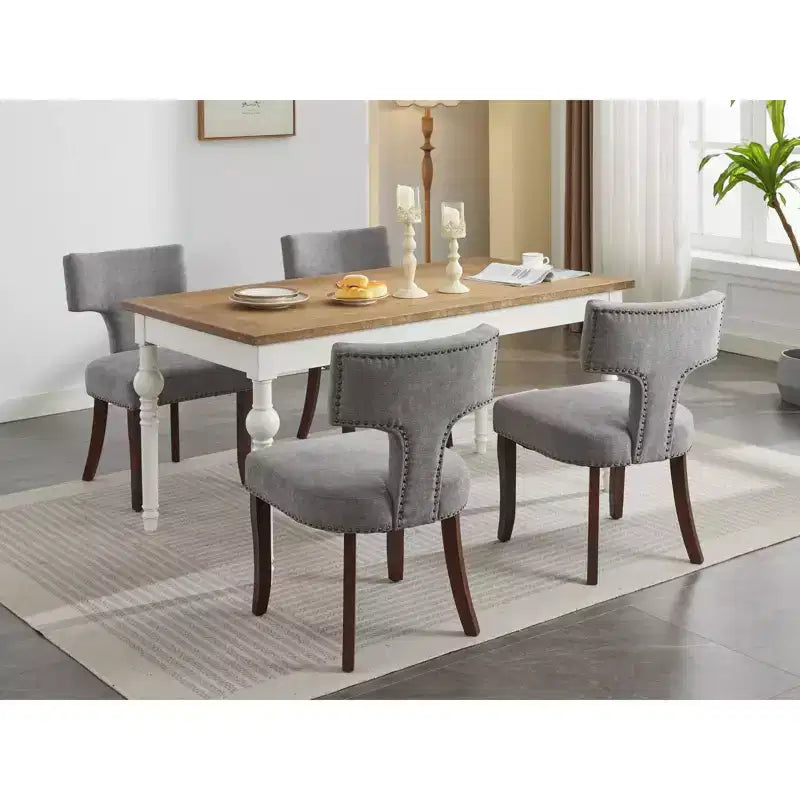 TUYOHW Lot de 2 chaises de salle à manger de ferme, chaises d'appoint modernes du milieu du siècle en tissu de lin doux avec pieds en bois massif, garniture cloutée pour la décoration intérieure