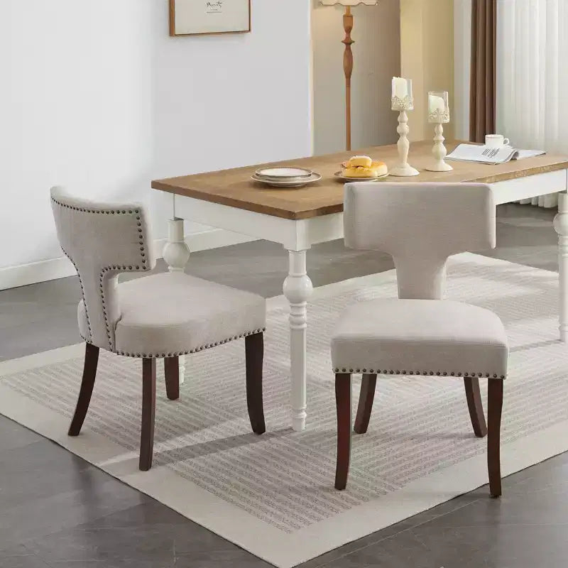 TUYOHW Farmhouse Dining Chairs Set of 2,Mid-Century Modern Side Chairs Soft Linen Fabric with Solid Wood Legs,Nailhead Trim for Home Decor