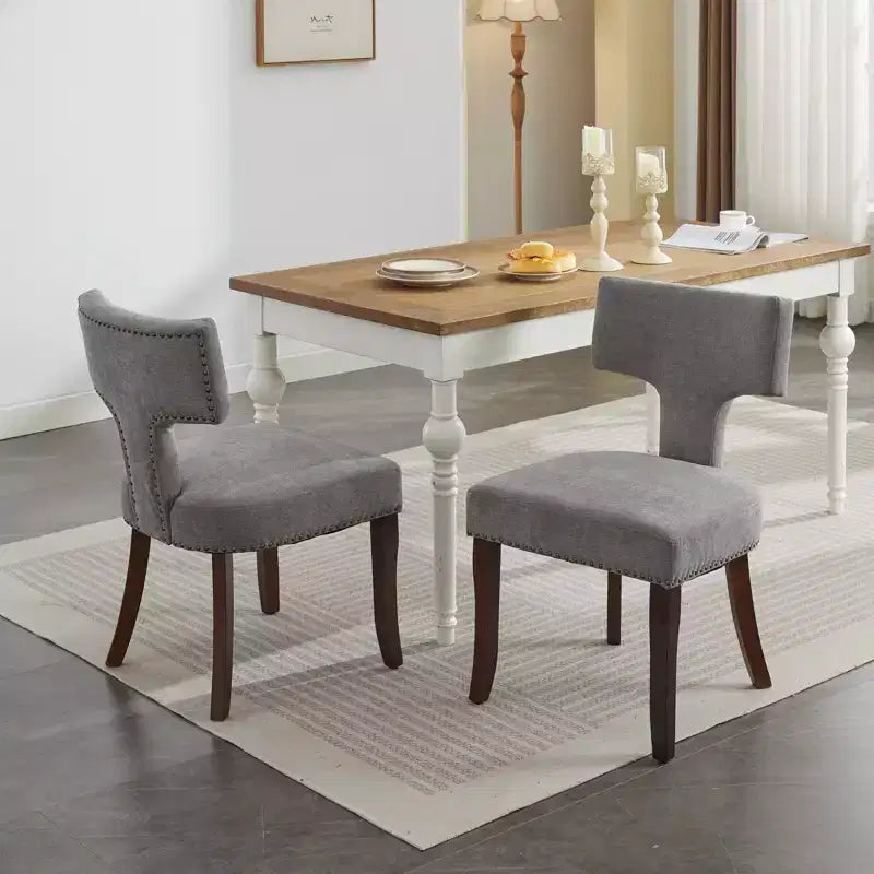 TUYOHW Lot de 2 chaises de salle à manger de ferme, chaises d'appoint modernes du milieu du siècle en tissu de lin doux avec pieds en bois massif, garniture cloutée pour la décoration intérieure
