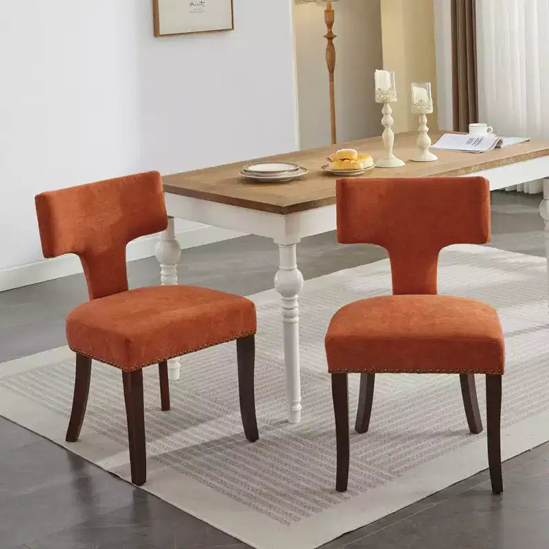 TUYOHW Lot de 2 chaises de salle à manger de ferme, chaises d'appoint modernes du milieu du siècle en tissu de lin doux avec pieds en bois massif, garniture cloutée pour la décoration intérieure