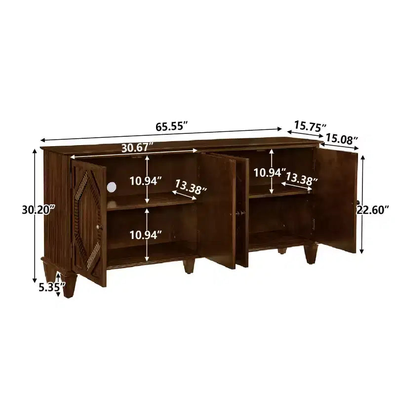 65 Buffet Mid-Century Modern, Grand meuble console de rangement avec portes géométriques et étagère réglable - Panipeachy