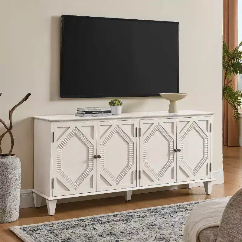65 Buffet Mid-Century Modern, Grand meuble console de rangement avec portes géométriques et étagère réglable - Panipeachy