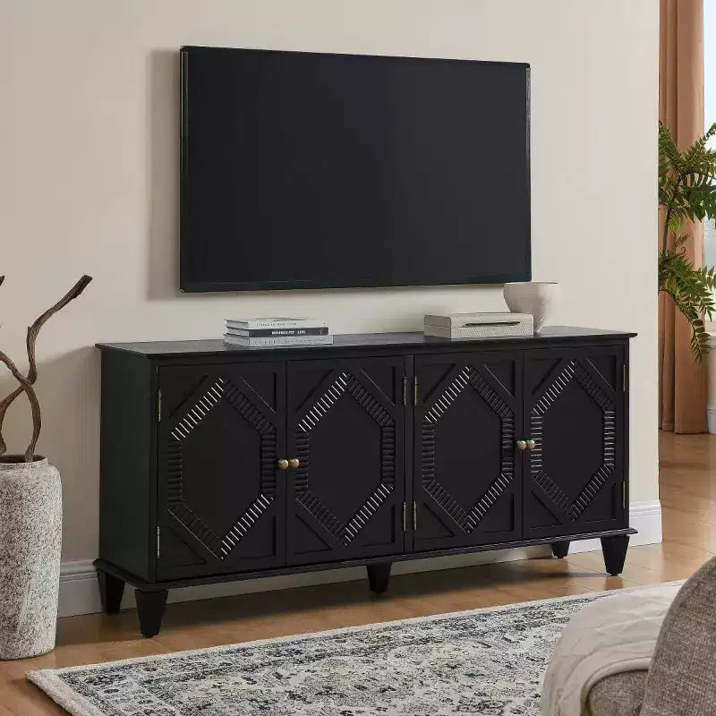 65 Buffet Mid-Century Modern, Grand meuble console de rangement avec portes géométriques et étagère réglable - Panipeachy