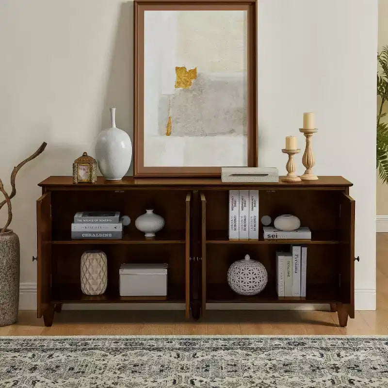 65 Buffet Mid-Century Modern, Grand meuble console de rangement avec portes géométriques et étagère réglable - Panipeachy