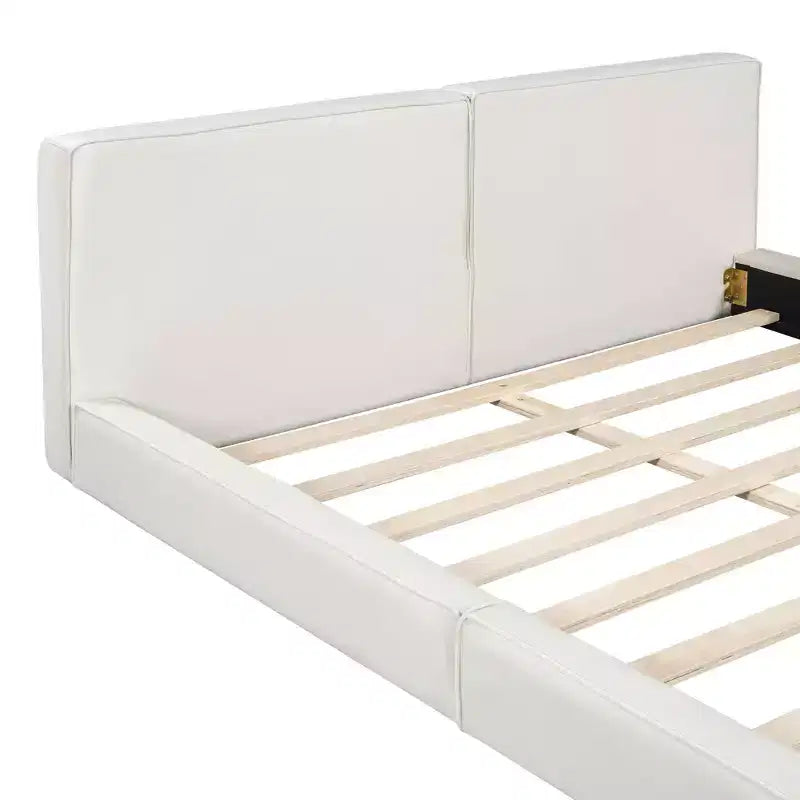 Lit plateforme Queen Size en velours MAYEERTY, cadre solide, conception au ras du sol, chambre à coucher, beige