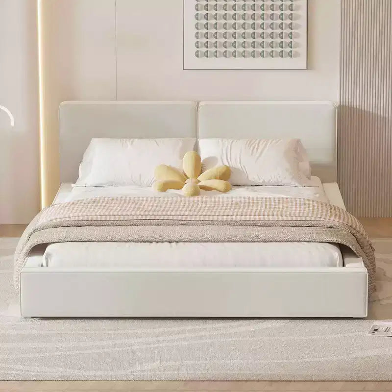 Lit plateforme Queen Size en velours MAYEERTY, cadre solide, conception au ras du sol, chambre à coucher, beige