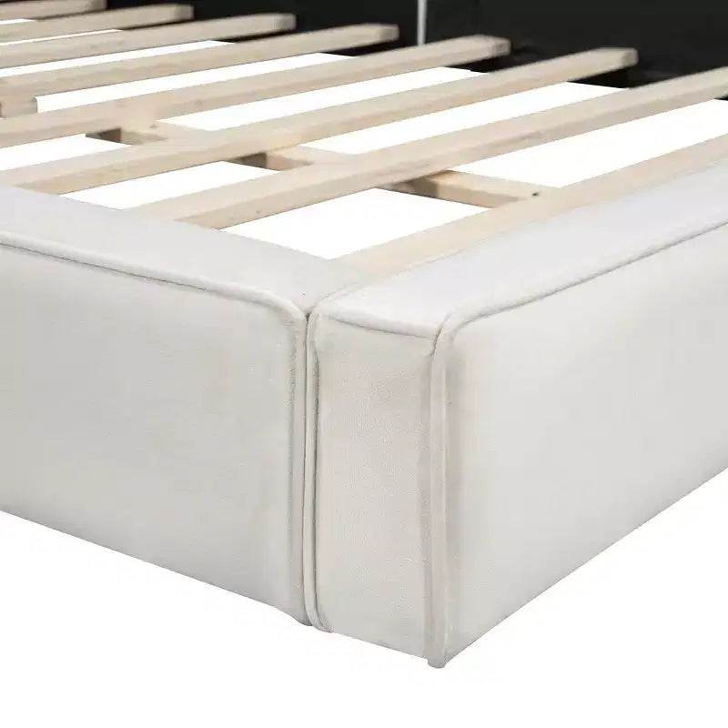 Lit plateforme Queen Size en velours MAYEERTY, cadre solide, conception au ras du sol, chambre à coucher, beige