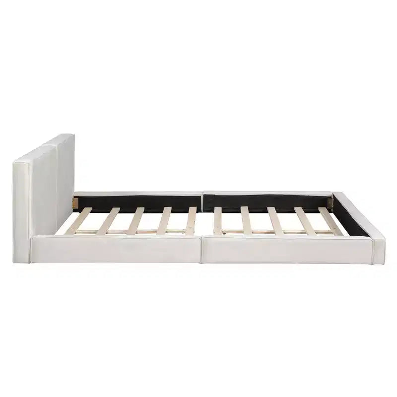 Lit plateforme Queen Size en velours MAYEERTY, cadre solide, conception au ras du sol, chambre à coucher, beige