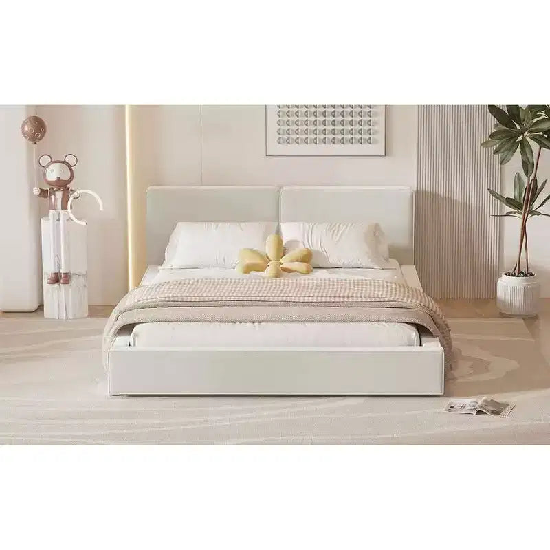 Lit plateforme Queen Size en velours MAYEERTY, cadre solide, conception au ras du sol, chambre à coucher, beige