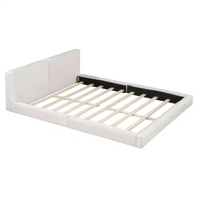 Lit plateforme Queen Size en velours MAYEERTY, cadre solide, conception au ras du sol, chambre à coucher, beige