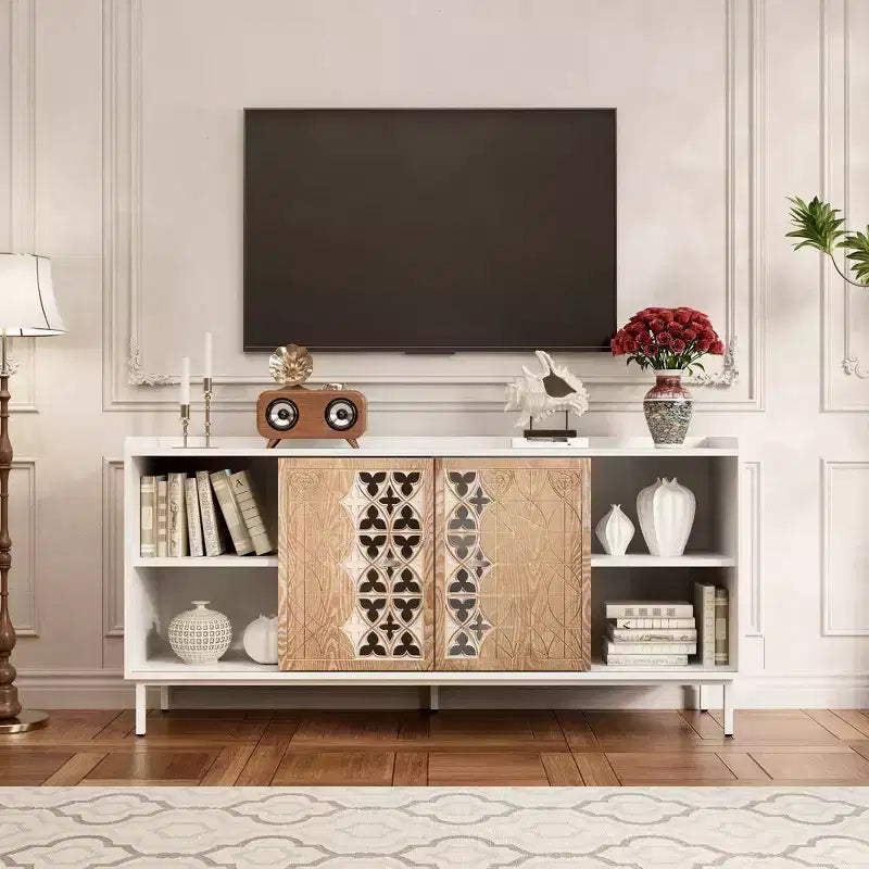 Clihome Sicotas Mid Century Sideboard Storage Rustic Sliding Door Solid Wood Cabinet for Living Room Decorative TV Buffet and Storage for TV Stand