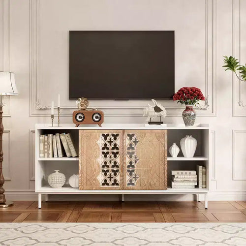 Clihome Sicotas Mid Century Sideboard Storage Rustic Sliding Door Solid Wood Cabinet for Living Room Decorative TV Buffet and Storage for TV Stand