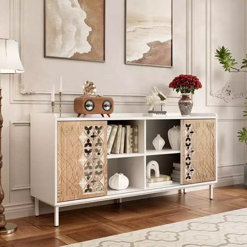 Clihome Sicotas Buffet Rangement de style Mid-Century, Portes Coulissantes Rustiques, Armoire en Bois Massif pour Salon, Meuble TV Décoratif et Rangement pour Support TV