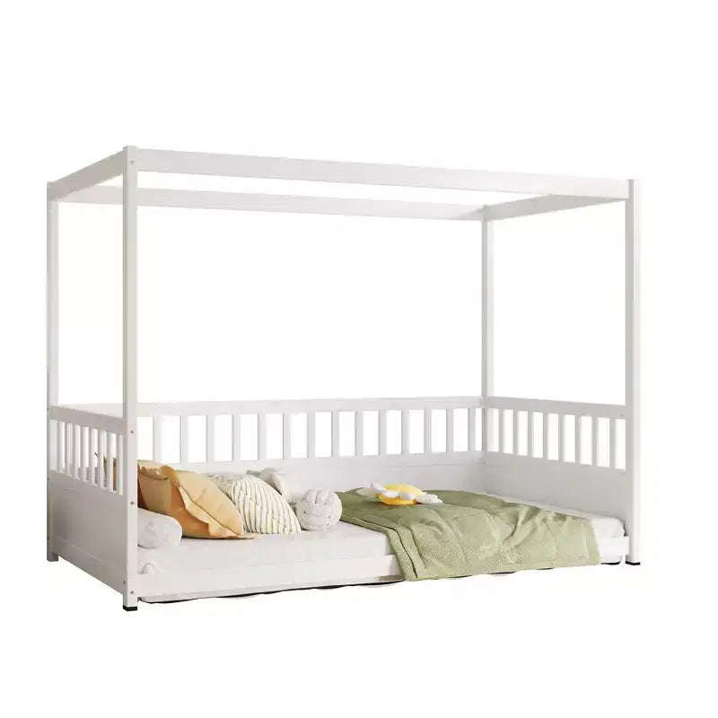 TUYOHW Lit à baldaquin moderne et minimaliste avec barrières de sécurité, cadre de lit Montessori en pin taille jumeau/double, aucun sommier tapissier requis