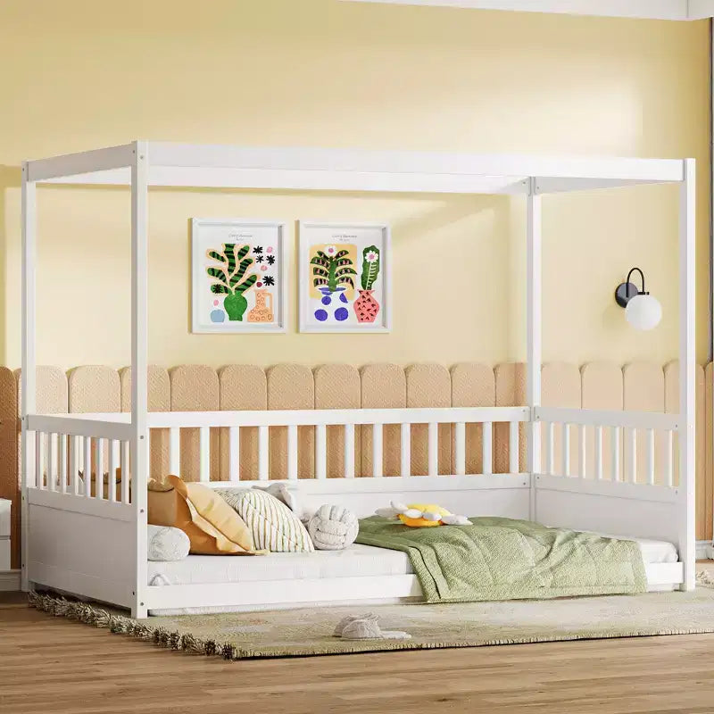 TUYOHW Lit à baldaquin moderne et minimaliste avec barrières de sécurité, cadre de lit Montessori en pin taille jumeau/double, aucun sommier tapissier requis