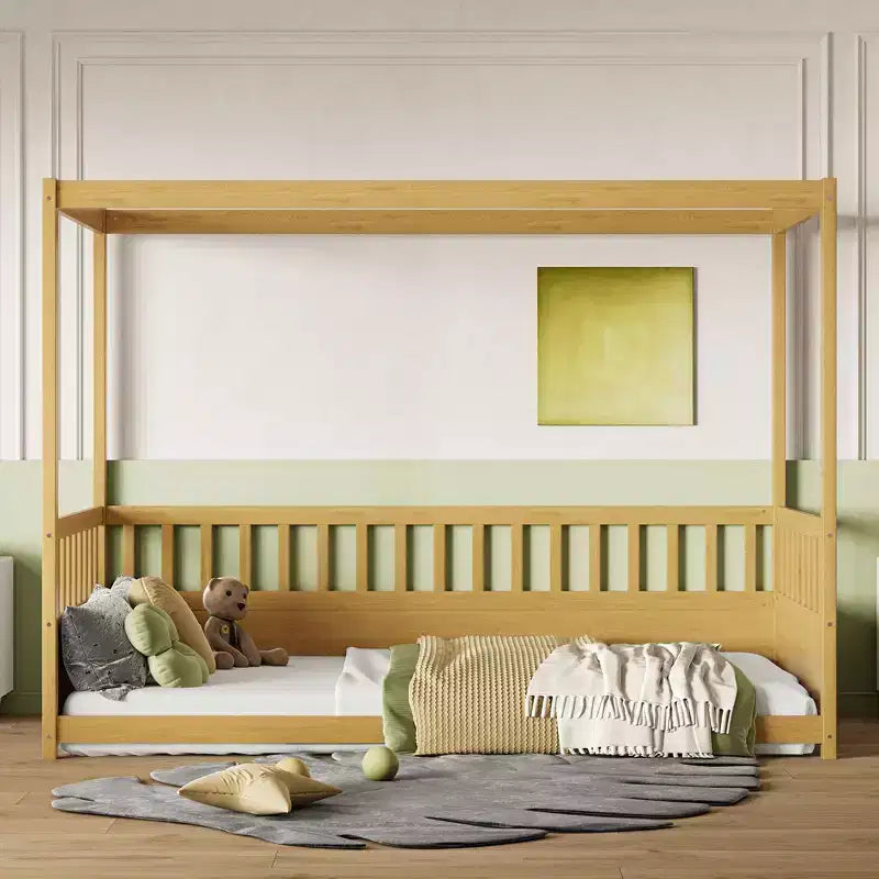 TUYOHW Lit à baldaquin moderne et minimaliste avec barrières de sécurité, cadre de lit Montessori en pin taille jumeau/double, aucun sommier tapissier requis