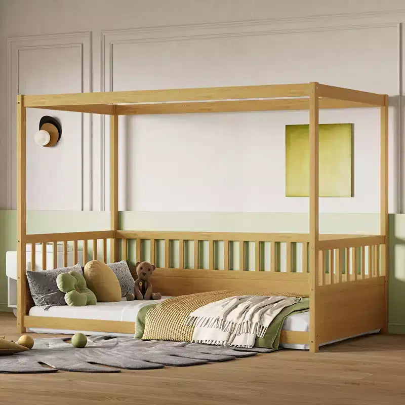 TUYOHW Lit à baldaquin moderne et minimaliste avec barrières de sécurité, cadre de lit Montessori en pin taille jumeau/double, aucun sommier tapissier requis