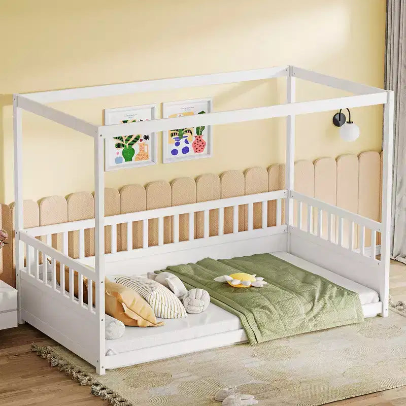 TUYOHW Lit à baldaquin moderne et minimaliste avec barrières de sécurité, cadre de lit Montessori en pin taille jumeau/double, aucun sommier tapissier requis