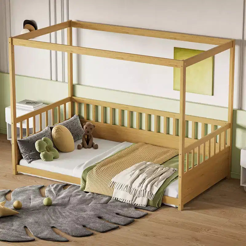 TUYOHW Lit à baldaquin moderne et minimaliste avec barrières de sécurité, cadre de lit Montessori en pin taille jumeau/double, aucun sommier tapissier requis