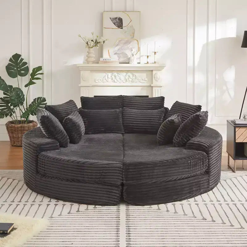 Fauteuil inclinable rond surdimensionné en velours côtelé de 78,5 po, canapé-lit 2 en 1 convertible en deux fauteuils inclinables, avec oreiller cervical et cinq coussins décoratifs, aucun assemblage requis