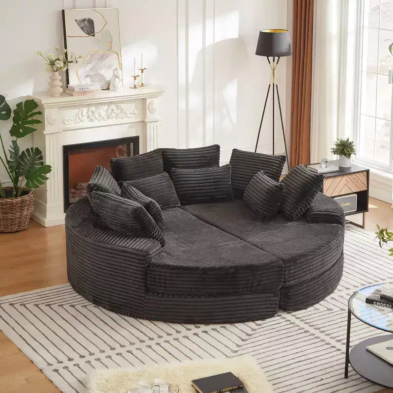 Fauteuil inclinable rond surdimensionné en velours côtelé de 78,5 po, canapé-lit 2 en 1 convertible en deux fauteuils inclinables, avec oreiller cervical et cinq coussins décoratifs, aucun assemblage requis