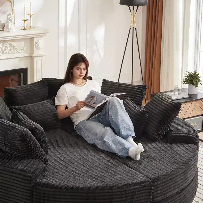 Fauteuil inclinable rond surdimensionné en velours côtelé de 78,5 po, canapé-lit 2 en 1 convertible en deux fauteuils inclinables, avec oreiller cervical et cinq coussins décoratifs, aucun assemblage requis
