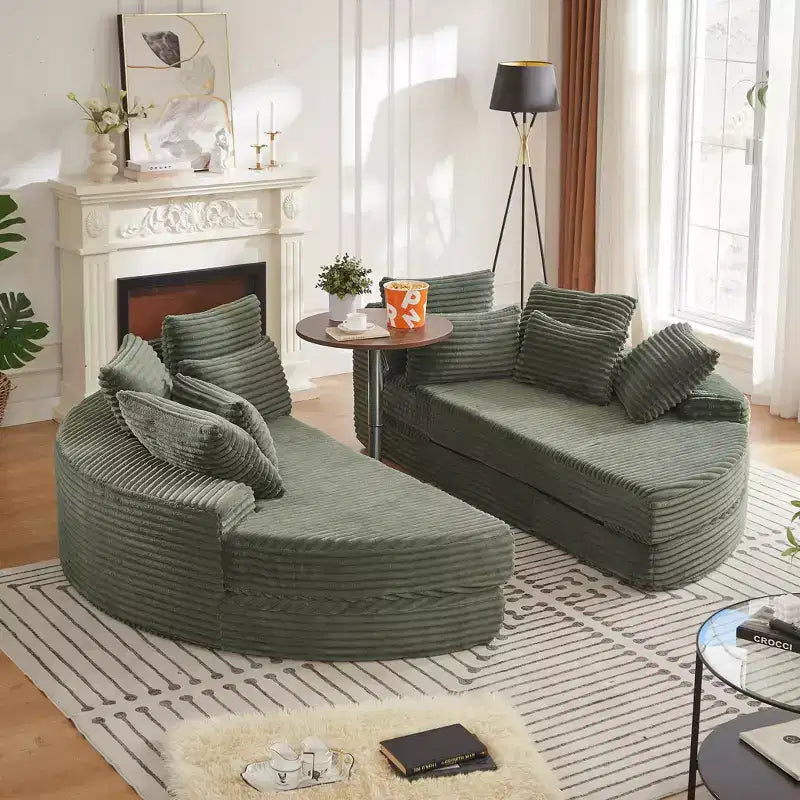 Fauteuil inclinable rond surdimensionné en velours côtelé de 78,5 po, canapé-lit 2 en 1 convertible en deux fauteuils inclinables, avec oreiller cervical et cinq coussins décoratifs, aucun assemblage requis