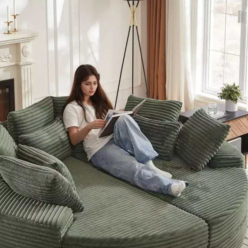 Fauteuil inclinable rond surdimensionné en velours côtelé de 78,5 po, canapé-lit 2 en 1 convertible en deux fauteuils inclinables, avec oreiller cervical et cinq coussins décoratifs, aucun assemblage requis