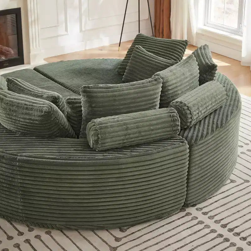 Fauteuil inclinable rond surdimensionné en velours côtelé de 78,5 po, canapé-lit 2 en 1 convertible en deux fauteuils inclinables, avec oreiller cervical et cinq coussins décoratifs, aucun assemblage requis