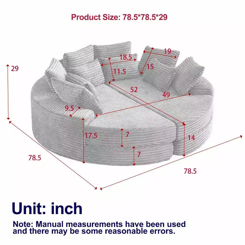 Fauteuil inclinable rond surdimensionné en velours côtelé de 78,5 po, canapé-lit 2 en 1 convertible en deux fauteuils inclinables, avec oreiller cervical et cinq coussins décoratifs, aucun assemblage requis