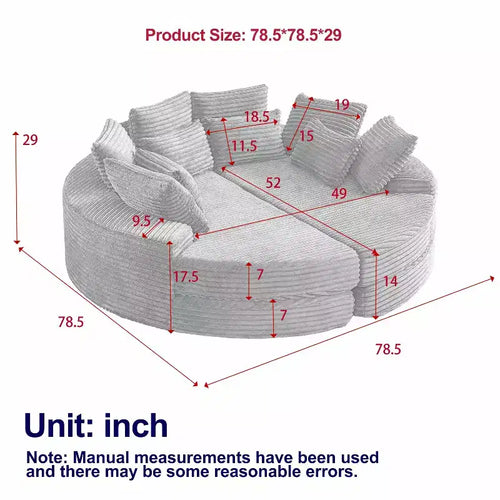 Fauteuil inclinable rond surdimensionné en velours côtelé de 78,5 po, canapé-lit 2 en 1 convertible en deux fauteuils inclinables, avec oreiller cervical et cinq coussins décoratifs, aucun assemblage requis