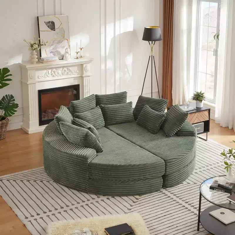 Fauteuil inclinable rond surdimensionné en velours côtelé de 78,5 po, canapé-lit 2 en 1 convertible en deux fauteuils inclinables, avec oreiller cervical et cinq coussins décoratifs, aucun assemblage requis
