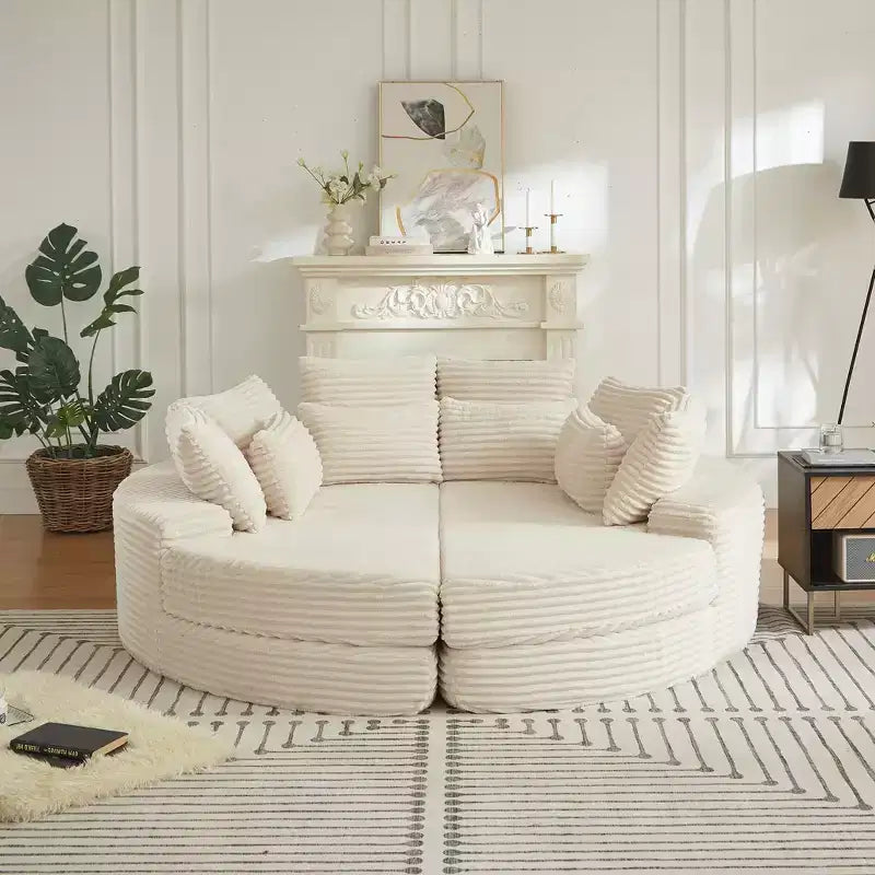 Fauteuil inclinable rond surdimensionné en velours côtelé de 78,5 po, canapé-lit 2 en 1 convertible en deux fauteuils inclinables, avec oreiller cervical et cinq coussins décoratifs, aucun assemblage requis