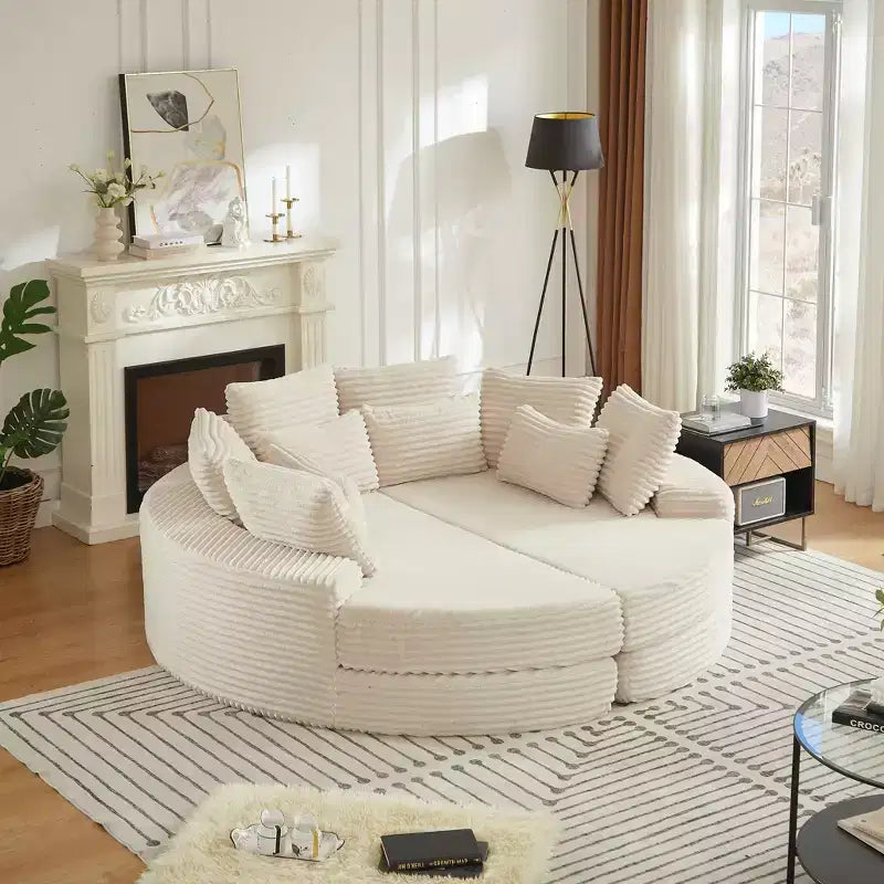 Fauteuil inclinable rond surdimensionné en velours côtelé de 78,5 po, canapé-lit 2 en 1 convertible en deux fauteuils inclinables, avec oreiller cervical et cinq coussins décoratifs, aucun assemblage requis