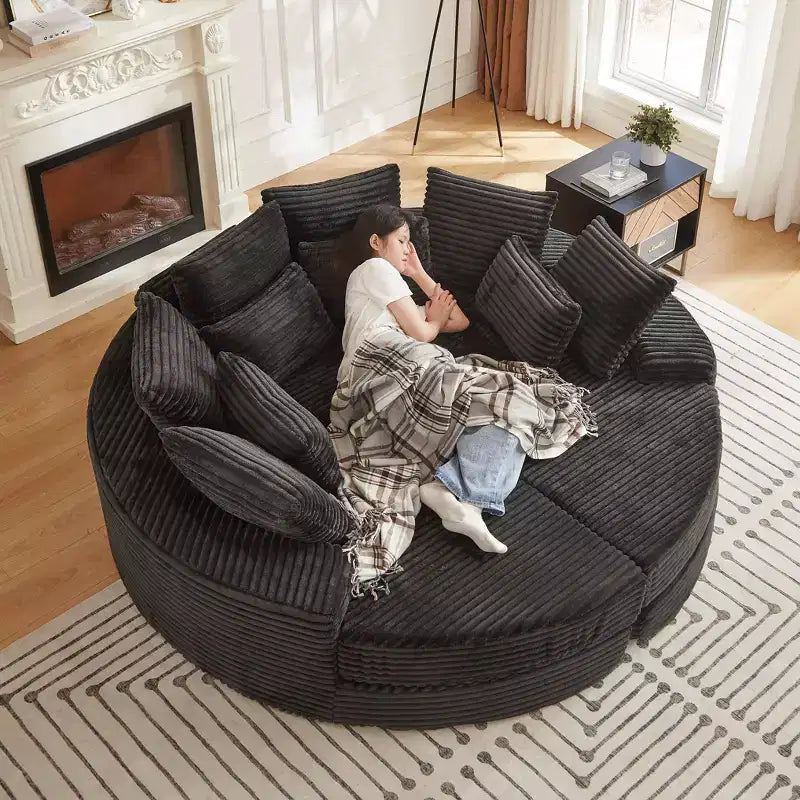 Fauteuil inclinable rond surdimensionné en velours côtelé de 78,5 po, canapé-lit 2 en 1 convertible en deux fauteuils inclinables, avec oreiller cervical et cinq coussins décoratifs, aucun assemblage requis