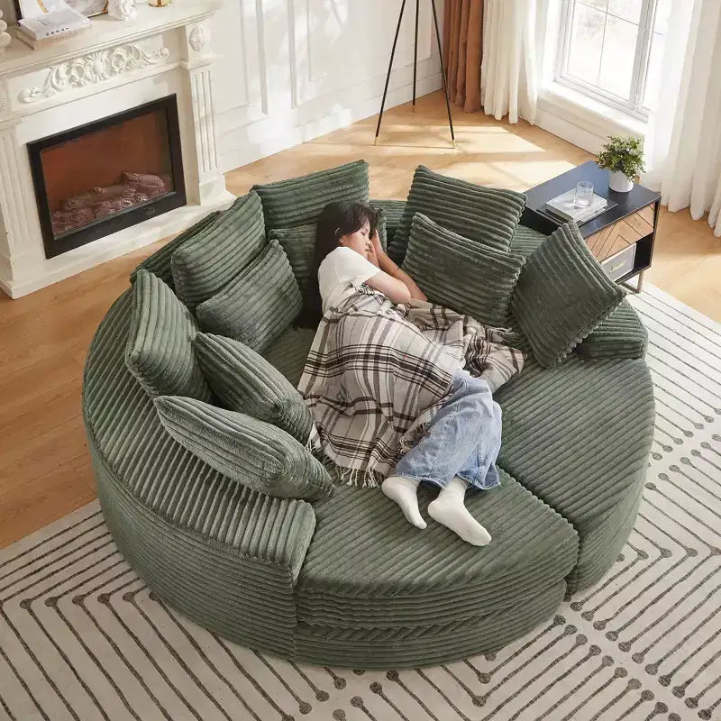 Fauteuil inclinable rond surdimensionné en velours côtelé de 78,5 po, canapé-lit 2 en 1 convertible en deux fauteuils inclinables, avec oreiller cervical et cinq coussins décoratifs, aucun assemblage requis