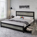 King Platform Bed Frame with 4 Storage Drawers & USB Charging Station. No Box Spring Needed, Features Riveted Headboard & Metal Slats in Gray.