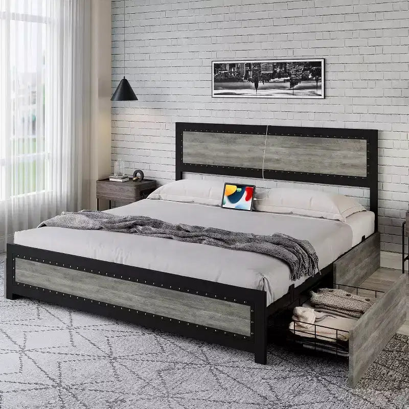 King Platform Bed Frame with 4 Storage Drawers & USB Charging Station. No Box Spring Needed, Features Riveted Headboard & Metal Slats in Gray.