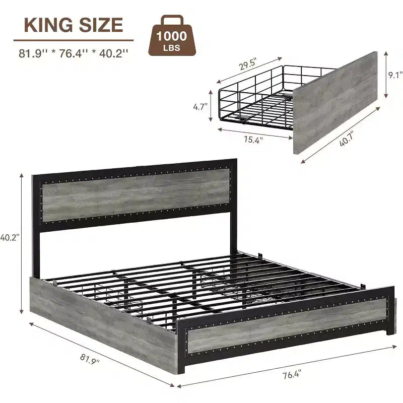 Cadre de lit plateforme King avec 4 tiroirs de rangement et station de recharge USB. Aucun sommier tapissier requis, tête de lit rivetée et lattes métalliques gris.