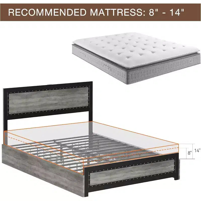 Cadre de lit plateforme King avec 4 tiroirs de rangement et station de recharge USB. Aucun sommier tapissier requis, tête de lit rivetée et lattes métalliques gris.