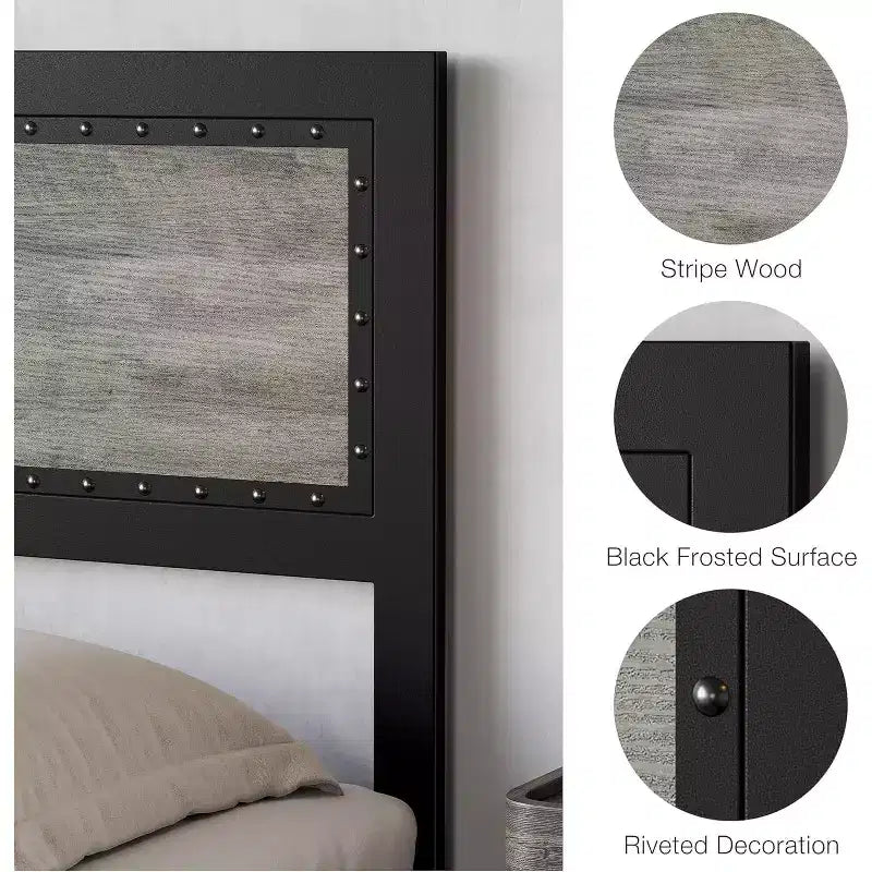 Cadre de lit plateforme King avec 4 tiroirs de rangement et station de recharge USB. Aucun sommier tapissier requis, tête de lit rivetée et lattes métalliques gris.