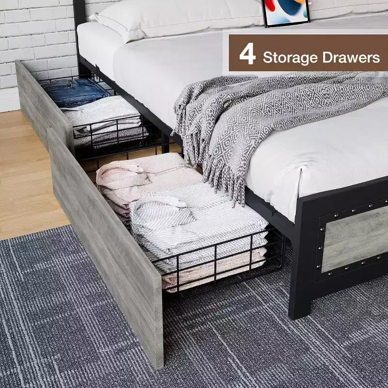 Cadre de lit plateforme King avec 4 tiroirs de rangement et station de recharge USB. Aucun sommier tapissier requis, tête de lit rivetée et lattes métalliques gris.