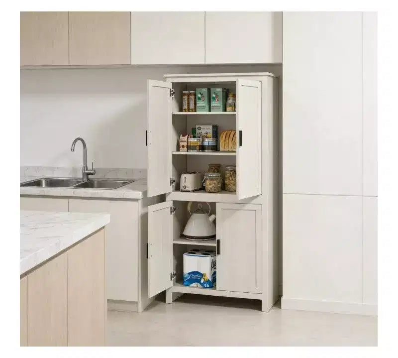 Okak Farmhouse Freestanding Kitchen Pantry Cabinet with 4 Doors & Adjustable Shelves,Storage Cabinet Bookcase for Living Room,Kitchen